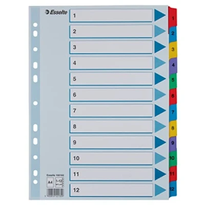 Abbildung von Esselte Register für A4, Deckblatt und 12 Trennblätter, Taben mit Zahlenaufdruck 1 12, Lochrand folienverstärkt (Mylar), Blau, Karton, 100162