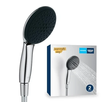 Abbildung von GROHE Vitalio 110 Handbrauseset 14l pro Min (2 Strahlarten, Standardanschluss, Silikonring schützt bei Stürzen, mit Brauseschlauch 150cm), rund, chrom, 26972001