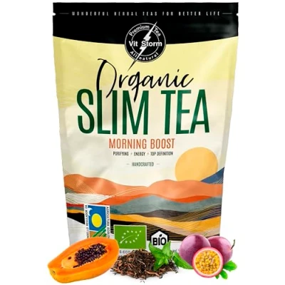 Abbildung von BIO SLIM TEA Morning Boost Energy Tee &amp; Entgiftungstee mit Grüner lose, Brennnessel, Löwenzahn, Moringa Tee, Papaya, Mango, Kräutertee Detox aus Kontrolliert Biologischem Anbau, 100g VITSTORM