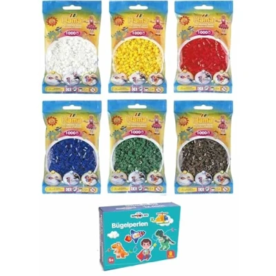 Abbildung von Happy Price Toys Hama Midi Bügelperlen (Kon 2) Konvulut 6x Vollton Farben,Weiß,Gelb,Rot,Grün,Blau,Braun + Bonus 100 HPT Leuchtperlen (Glow in the dark)