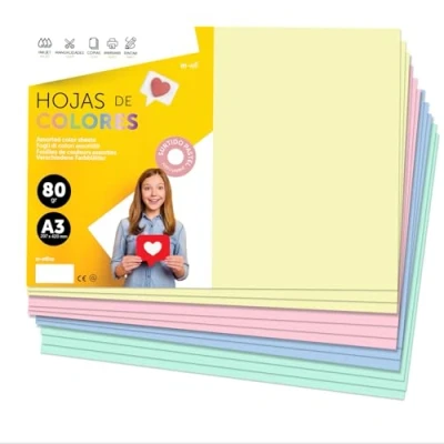 Abbildung von Buntes Papier A3 80g für Drucker &amp; Basteln, Farbige Blätter Kinder, Kreativprojekte, Karten Schule M office (50 Blatt, Pastellfarben)