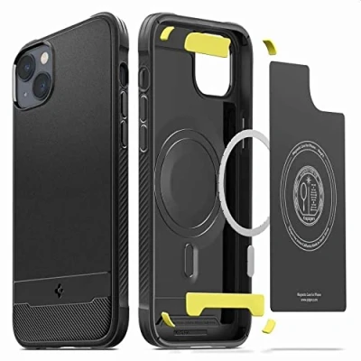 Abbildung von Apple iPhone 14 Hülle MagSafe Silikon Spigen Soft Case/Backcover Handyhülle Schwarz Shockproof/Stoßfest