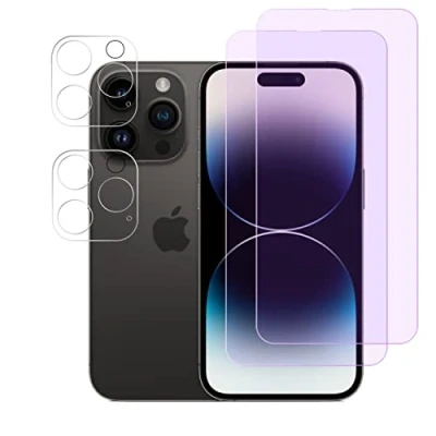 Abbildung von FiiMoo Schutzfolie Kompatibel mit iPhone 14 Pro, [Augenpflege] Blasenfreie, Anti Blaulicht Schutzfolie+Kamera Schutzfolie[2+2 Stück][Blockiert übermäßiges Schädliches Blaues Licht &amp; UV]Anti