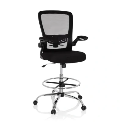 Abbildung von hjh OFFICE 719901 Arbeitsstuhl VENDO Work Netzstoff Schwarz Counterstuhl hoch, Armlehnen klappbar, Ring Fußstütze
