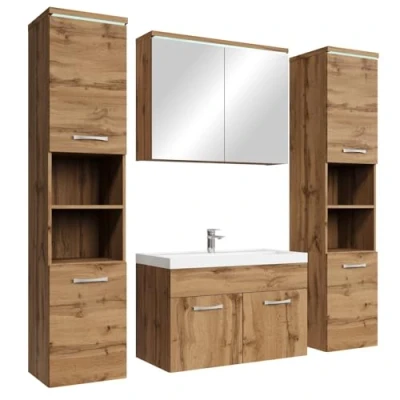 Abbildung von Badezimmer Badmöbel Set Paso XL LED 80cm Waschbecken Eiche Unterschrank 2X Hochschrank Möbel