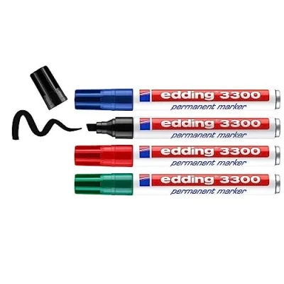 Abbildung von edding 3300 Permanentmarker schwarz, rot, blau, grün 4 Stifte Keil Spitze 1,5 3mm schnell trocknender Permanent Marker wasserfest, wischfest für Karton, Kunststoff, Holz, Metall