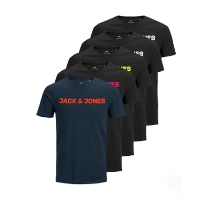 Abbildung von JACK &amp; JONES Herren JJECORP Logo Tee SS Crew Neck 5er Pack Kurzarm T Shirt, C, Navy Blazer/4xBlack, S