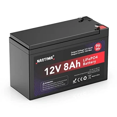 Abbildung von NASTIMA 12V 8Ah LiFePO4 Wiederaufladbare Batterie Mit BMS Schutz und 4000 Deep Cycle Wartungsfrei, Geeignet für Solarpanel Kits, Kinderwagen, Wohnmobile, Boote, Camping, Fischfinder