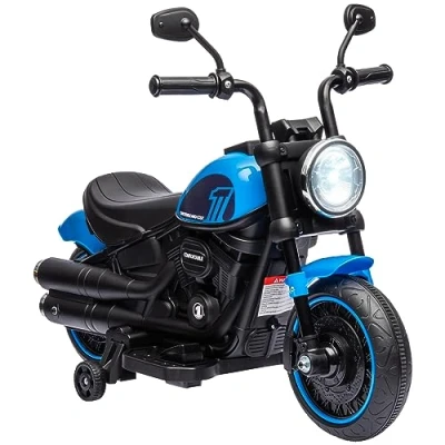 Abbildung von HOMCOM Elektro Kindermotorrad Kinderfahrzeug mit 2 abnehmbaren Stützrädern Kunststoff Eisen Blau, Belastbarkeit 25 kg, (1 tlg), 76L x 42B 57H cm