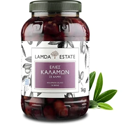 Abbildung von Lamda Estate frische Oliven Kalamata 1 KG natur mit Stein, eingelegt in Salzlake griechische schwarze Jumbo (1)