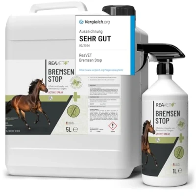 Abbildung von ReaVET Bremsen Stop **TESTSIEGER** Fliegenspray Pferde XL Set 6 Liter inkl. Sprühflasche, Insektenspray mit Sofortschutz &amp; Pferdepflege, Bremsenspray Bremsenblocker gegen Fliegen