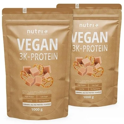 Abbildung von Nutri + Eiweiß Pulver Vegan Salted Caramel Pretzel 2 kg 3k Protein Salty Bretzel Pflanzliches Proteinpulver Eiweißpulver Shake Salzbrezel