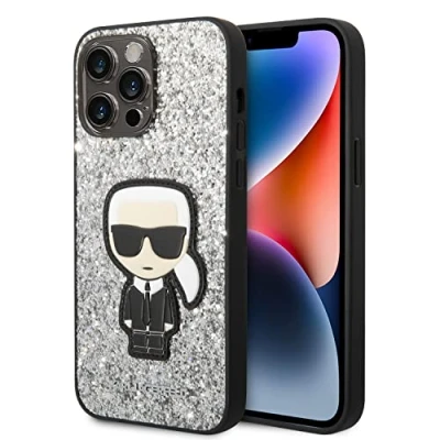 Abbildung von Karl Lagerfeld KLHCP14XGFKPG Hülle für iPhone 14 Pro Max 6,7&quot; hardcase Silber/Silver Glitter Flakes Ikonik