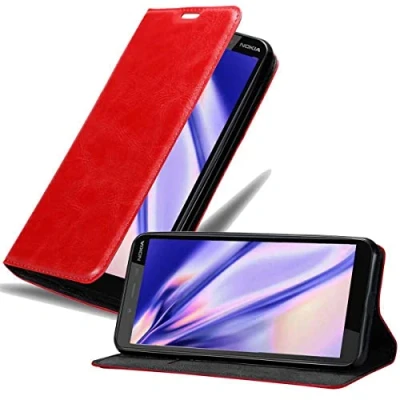 Abbildung von Cadorabo Hülle kompatibel mit Nokia 1 Plus aus Premium Kunst Leder Flip Klappbare Stoßfeste Magnetische [Standfunktion] [Kartenfächern] Cover für Tasche in Rot