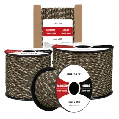 Abbildung von Brotree Paracord 3mm 50M 100% Nylon Seil Schnur Typ II 425 mit 3 Kern für Survival, Outdoor, Armband, Basteln Bruchlast 192kg (Wald Tarnung)