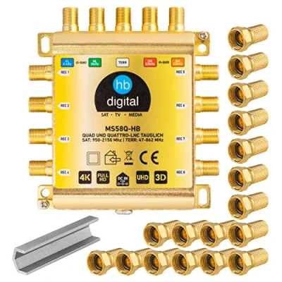 Abbildung von HB DIGITAL DVB S/S2 Multischalter 5/8 + 30x F Stecker vergoldet Montageschlüssel Multiswitch Verteiler für 1 SAT, 8 Teilnehmer Quad LNB fähig inkl. Netzteil MS58Q HDTV FullHD 4K UHD