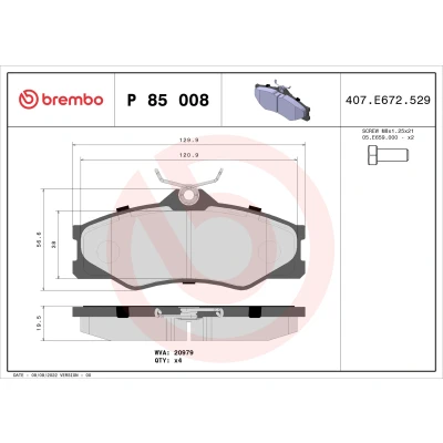 Abbildung von BREMBO P 85 008 Bremsbelagsatz exkl. Verschleißwarnkontakt mit Bremssattelschrauben ohne Zubehör VOLKSWAGEN: TRANSPORTER 3 Bus, Kasten