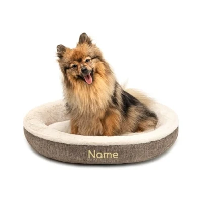 Abbildung von lionto Hundekörbchen rund in Donut Form, Ø 55 cm, Heimtierkissen für Hunde &amp; Katzen mit waschbarem Bezug Anti Rutsch Noppen, kuscheliges Hundebett aus Oxford Leinen Plüsch, braun (Namensaufdruck)