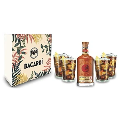 Abbildung von Bacardi Geschenkset Ron 8 Anos Gran Reserva Rum 0,7l (40% Vol) + 4er Set Gläser/Longdrink Glas [Enthält Sulfite]
