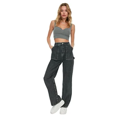 Abbildung von TRENDYOL Damen Mobile Detaillierte Hohe Taille 90er Jahre Breite Beinjeans Jeans, Anthracite, 34 EU