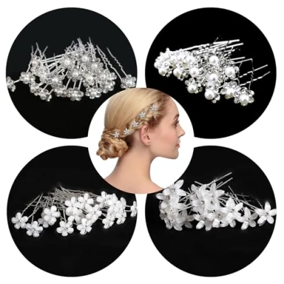Abbildung von Hochzeit Haarnadeln Perlen Blumen Braut Haarschmuck,20 Stück Strass für Brautfrisur, U förmig Kommunion Party,Brautperlen Haarschmuck