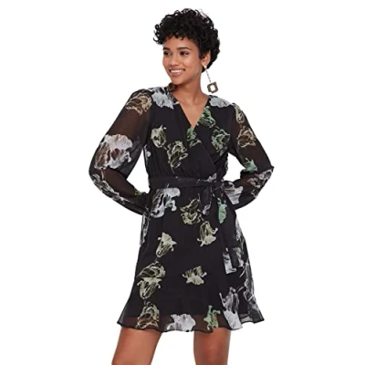 Abbildung von TRENDYOL Damen Woman Mini A line V Neck Woven Dress Kleid, Schwarz, 40