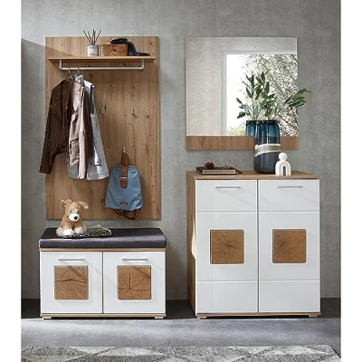 Abbildung von Lomadox Garderoben Set 4 teilig in braun mit weiß Flurgarderobe Eiche Hochglanz Garderobenpaneel, Flurbank, Schuhschrank, Spiegel