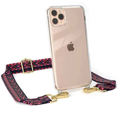 Abbildung von EAZY CASE Handykette Verstellbarer Trageriemen kompatibel mit iPhone 11 Pro Max, Schulterriemen, Handykordel Case, DIY Gürteltasche Hülle, Pink/Blau Metallstücke Gold