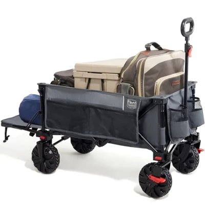 Abbildung von TIMBER RIDGE XXXL Bollerwagen Faltbare 300L Extra Langer mit Faltbarer Heckklappe Handwagen Bremse Seitentasche Getränkehalter verstellbarem Griff, Gartenwagen Transportwagen für Alle Gelände