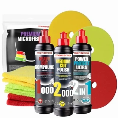 Abbildung von Menzerna Autopolitur Set Heavy Cut Compound 1000 + Medium Politur 2000 Power Protect Ultra 2in1 Lackversiegelung Polierpads 150mm 3 Poliertücher Auto Polierset