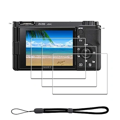 Abbildung von iDaPro Displayschutz schutzfolie für Sony Alpha ZV E10 ZVE10 + Handschlaufe [3+1Stück] Schutzglas Tempered Glass Screen Protector Glas