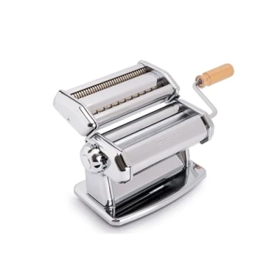 Abbildung von Imperia IPASTA Classica Nudelmaschine 100% Made in Italy. Frischpastamaschine aus Stahl. Manuelle Teigausrollmaschine mit Kurbel. für die Herstellung von Teig Lasagne, Tagliolini, Fettuccine.