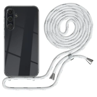 Abbildung von EAZY CASE Handykette kompatibel mit Samsung Galaxy A35 Kette zum Umhängen für Hülle Band aus Silikon stoßfeste transparente Handyhülle als Fallschutz in Weiß/Silber