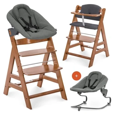Abbildung von hauck Alpha Plus Newborn Set mit Premium Bouncer Dark Grey Baby Holz Hochstuhl ab Geburt Liegefunktion extra flacher Aufsatz für Neugeborene &amp; Baumwoll Sitzpolster Walnut