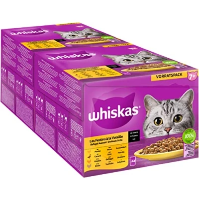 Abbildung von Whiskas 7+ Katzenfutter Geflügel Auswahl in Sauce, 24x85g (2 Packungen) Hochwertiges Nassfutter ab dem 7. Lebensjahr 48 Portionsbeuteln
