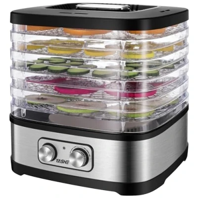 Abbildung von YASHE GGJ 261A Dörrautomat mit 5 höhenverstellbaren Tabletts, Temperaturregelung von 35 70C, 240 Watt Dörrgerät für Obst und Gemüse, BPA frei