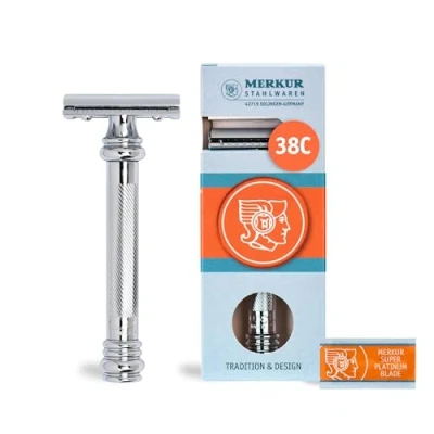 Abbildung von MERKUR Rasierhobel 38C Barber Pole Glanzchrom Zweiteiliger Rasierer mit geradem Schnitt Geschlossener Kamm Ideal für Nassrasur Zinkdruckguss Messing Griffstück Made in Germany