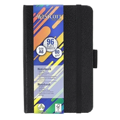 Abbildung von WESTCOTT Notizbuch DIN A6 kariert, 192 Seiten im Hardcover, 80 g/m² FSC Mix Papier, mit Innentasche, Lesezeichen, Gummizug und Stifthalter