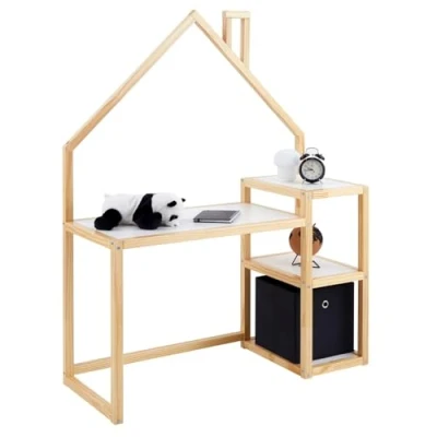 Abbildung von Kinderschreibtisch NIVIA Hausform natur/weiß mit Regal Stauraum gefertigt aus Kiefer Massiv. Stabil langlebig perfekt für Kinderzimmer. Montessori Möbel ideal Hausaufgaben oder Bastelarbeiten.