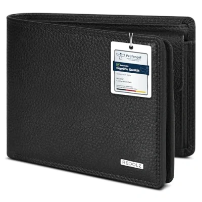 Abbildung von REDOLZ Herren Leder Geldbörse Geldbeutel Portemonnaie Portmonee RFID Slim Querformat 4 + Kreditkartenfächer Maße 11,5 x 1,5 9 cm (schwarz)