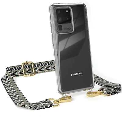 Abbildung von EAZY CASE Handykette Verstellbarer Trageriemen kompatibel mit Samsung Galaxy S20 Ultra / 5G, Schulterriemen, Band, Handykordel, Riemen für Handyketten, Grün/Schwarz Metall Gold