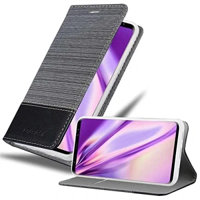 Abbildung von Cadorabo Hülle kompatibel mit Samsung Galaxy S9 Plus aus Jeans und Kunst Leder Flip Klappbare Stoßfeste Magnetische [Standfunktion] [Kartenfächern] Cover für Tasche in Grau