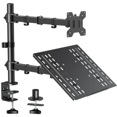 Abbildung von ELIVED Monitor Halterung mit Laptop Arm für die meisten 13 27 Zoll LCD LED Bildschirme und bis zu 15,6 Notebooks, VESA 75x75 100x100mm, EV024
