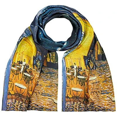 Abbildung von Seidenschal VON LILIENFELD Schal Damen 100% Seide Vincent van Gogh: Nachtcafé Kunst Motiv Halstuch Seidentuch Kanten handgerollt 172 x 42 cm reine