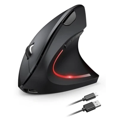 Abbildung von TECKNET Ergonomische Maus, kabellos, wiederaufladbar, mit optischem Tracking, 4800 dpi, verstellbar, leise 2,4 G, 6 Tasten, LED, für Computer, Laptops, Mac, PC, Windows, Schwarz