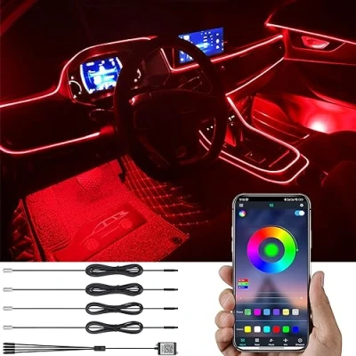 Abbildung von TABEN Auto Atmosphärenlicht Kit Musiksynchronisation Mehrfarbig RGB 16 Millionen Farben 5 Meter Glasfaser USB Ambientebeleuchtung Kit, Sound Active Funktion und drahtlose Bluetooth App Steuerung 12 V