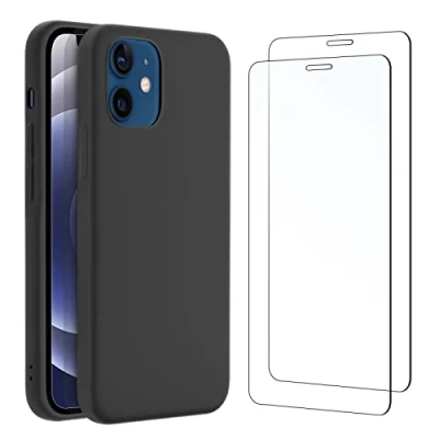 Abbildung von NEW&#039;C Hülle für iPhone 12 Mini Ultra Thin Silikon Schwarz und 2 x Panzer Schutz Glas Anti Scratch