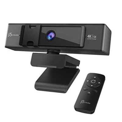 Abbildung von j5create 4K Ultra HD Webcam mit 5X Digitalzoom, Sichtschutz, Zwei High Fidelity Mikrofonen, Fernbedienung, USB C ideal für Videokonferenzen, Online Unterricht, Live Streaming (JVCU435)