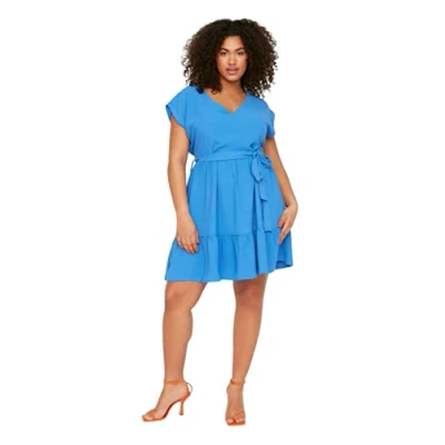 Abbildung von Trendyol Damen Women line Fitted Woven Dress Mini A Linie tailliertes gewebtes Plus Size Kleid, Indigo, 46 (Übergröße)