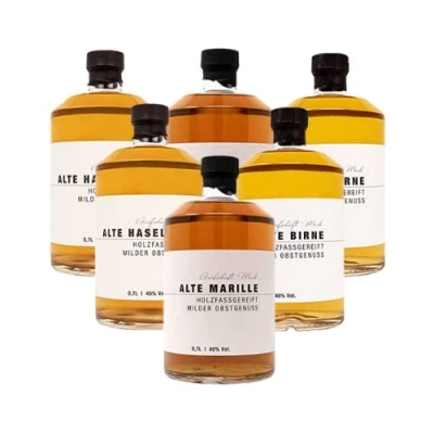 Abbildung von Grafschaft Mark Schnaps Mix 6 x 0,7 L 2 saftige Marille fruchtige Birne edle Haselnuss 40% vol. Alkohol milder, holzfassgelagerter Obstbrand aus Deutschland hochwertige Spirituose